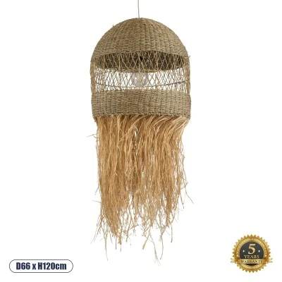 Boho Κρεμαστό Φωτιστικό SAINTLUCIA Μονόφωτο 1 x E27 AC220-240V IP20 - Φ66 x Υ120cm - Χακί Σχοινί με Μπεζ Φυσική Ράφια Νήμα Πλεγμα Καμπάνα GloboStar® SAINTLUCIA 02161 Boho Κρεμαστό Φωτιστικό Πλεγμα Μονόφωτο 1 x E27 IP20 Μπεζ Ράφια - Μ66 x Π66 x Υ120cm