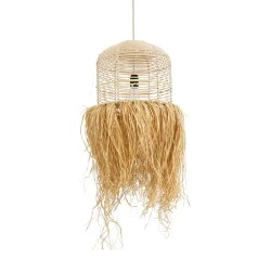 Boho Κρεμαστό Φωτιστικό BASSETERRE  Μονόφωτο 1 x E27 AC220-240V IP20 - Φ35 x Υ60cm - Μπεζ Ξύλινο Μπαμπού με Μπεζ Φυσική Ράφια Νήμα Πλεγμα Καμπάνα