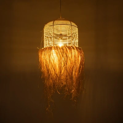 GloboStar® BASSETERRE 02162 Boho Κρεμαστό Φωτιστικό Οροφής Μονόφωτο 1 x E27 AC220-240V IP20 - Φ35 x Υ60cm - Μπεζ Ξύλινο Μπαμπού με Μπεζ Φυσική Ράφια Νήμα Πλεγμα Καμπάνα - 5 Χρόνια Εγγύηση