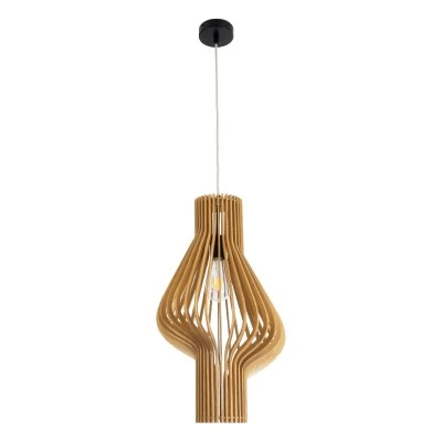 GloboStar® MIHIRO 02172 Boho Κρεμαστό Φωτιστικό Πλέγμα Μονόφωτο 1 x E27 IP20 Μπεζ Ξύλο - Μ32 x Π32 x Υ56cm