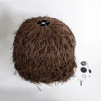 GloboStar® GUADELOUPE 02295 Boho Κρεμαστό Φωτιστικό Οροφής Μονόφωτο 1 x E27 AC220-240V IP20 - Φ120 x Υ100cm - Καφέ Σκούρο Φυσική Ράφια Νήμα Πλέγμα Καμπάνα - 5 Χρόνια Εγγύηση
