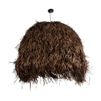 GloboStar® GUADELOUPE 02295 Boho Κρεμαστό Φωτιστικό Οροφής Μονόφωτο 1 x E27 AC220-240V IP20 - Φ120 x Υ100cm - Καφέ Σκούρο Φυσική Ράφια Νήμα Πλέγμα Καμπάνα - 5 Χρόνια Εγγύηση