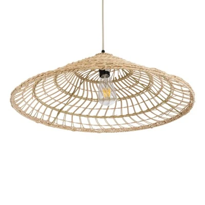 GloboStar® KAIA 02346 Boho Κρεμαστό Φωτιστικό Καμπάνα Μονόφωτο 1 x E27 IP20 Μπεζ Ξύλο - Μ60 x Π60 x Υ20cm