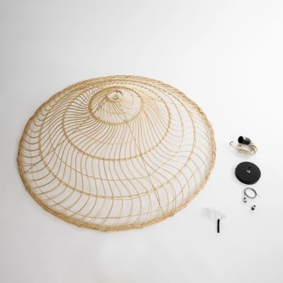 GloboStar® KAIA 02348 Boho Κρεμαστό Φωτιστικό Καμπάνα Μονόφωτο 1 x E27 IP20 Μπεζ Ξύλο - Μ100 x Π100 x Υ30cm
