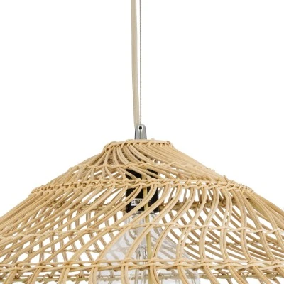 GloboStar® KAIA 02348 Boho Κρεμαστό Φωτιστικό Καμπάνα Μονόφωτο 1 x E27 IP20 Μπεζ Ξύλο - Μ100 x Π100 x Υ30cm