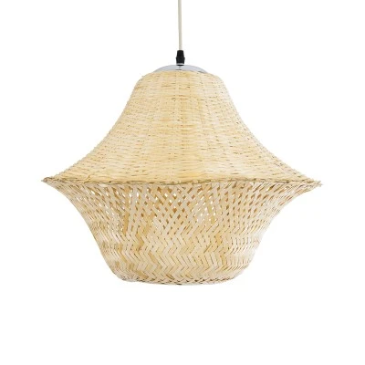 GloboStar® JUNIPER 01737 Boho Κρεμαστό Φωτιστικό Οροφής Μονόφωτο 1 x E27 AC220-240V IP20 - Φ45 x Υ40cm - Μπεζ Ξύλινο Μπαμπού Πλέγμα Καμπάνα - 5 Χρόνια Εγγύηση