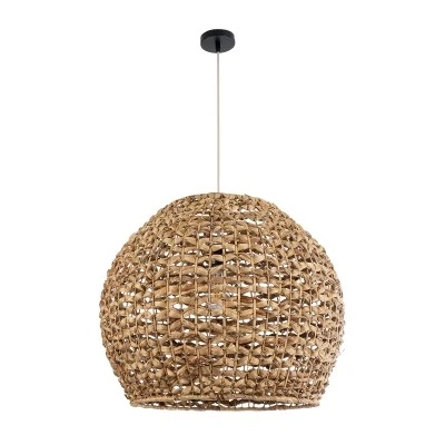 GloboStar® MANGATA 01851 Boho Κρεμαστό Φωτιστικό Οροφής Μονόφωτο 1 x E27 AC220-240V IP20 - Φ60 x Υ50cm - Καφέ Water Hyacinth - Υδρουάκινθος Πλέγμα Καμπάνα - 5 Χρόνια Εγγύηση