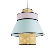 Boho Κρεμαστό Φωτιστικό SAIGE Μονόφωτο 1 x E27 AC220-240V IP20 - Φ50 x Υ54cm - Μπεζ Ξύλινο με Ροζ Γαλάζιο και Μαύρες Λεπτομέρειες Πλέγμα