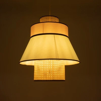 GloboStar® SAIGE 01920 Boho Κρεμαστό Φωτιστικό Πλέγμα Μονόφωτο 1 x E27 IP20 Μπεζ Ξύλο με Πολύχρωμο Ύφασμα - Μ50 x Π50 x Υ54cm