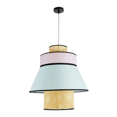 GloboStar® SAIGE 01920 Boho Κρεμαστό Φωτιστικό Πλέγμα Μονόφωτο 1 x E27 IP20 Μπεζ Ξύλο με Πολύχρωμο Ύφασμα - Μ50 x Π50 x Υ54cm