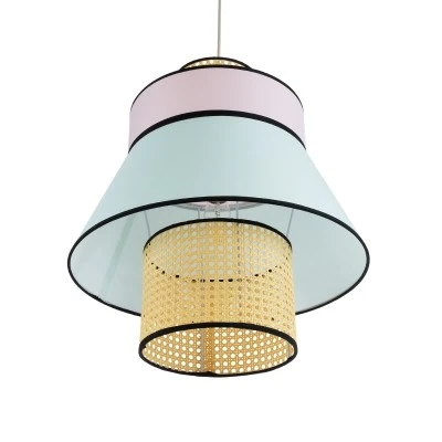 GloboStar® SAIGE 01920 Boho Κρεμαστό Φωτιστικό Πλέγμα Μονόφωτο 1 x E27 IP20 Μπεζ Ξύλο με Πολύχρωμο Ύφασμα - Μ50 x Π50 x Υ54cm