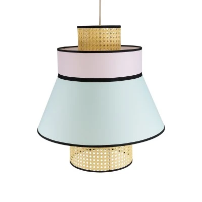 GloboStar® SAIGE 01920 Boho Κρεμαστό Φωτιστικό Πλέγμα Μονόφωτο 1 x E27 IP20 Μπεζ Ξύλο με Πολύχρωμο Ύφασμα - Μ50 x Π50 x Υ54cm