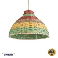 Boho Κρεμαστό Φωτιστικό CABALLEROS Μονόφωτο 1 x E27 AC220-240V IP20 - Φ40 x Υ27cm - Πράσινο με Κίτρινο και Μπεζ με Κόκκινο Ξύλινο Μπαμπού Πλέγμα Καμπάνα