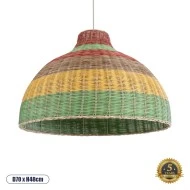 Boho Κρεμαστό Φωτιστικό CABALLEROS Μονόφωτο 1 x E27 AC220-240V IP20 - Φ70 x Υ48cm - Πράσινο με Κίτρινο και Μπεζ με Κόκκινο Ξύλινο Μπαμπού Πλέγμα Καμπάνα