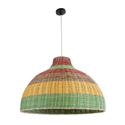 Boho Κρεμαστό Φωτιστικό CABALLEROS Μονόφωτο 1 x E27 AC220-240V IP20 - Φ70 x Υ48cm - Πράσινο με Κίτρινο και Μπεζ με Κόκκινο Ξύλινο Μπαμπού Πλέγμα Καμπάνα GloboStar® CABALLEROS 02054 Boho Κρεμαστό Φωτιστικό Καμπάνα Μονόφωτο 1 x E27 IP20 Πολύχρωμο Ξύλο - Μ70 x Π70 x Υ48cm