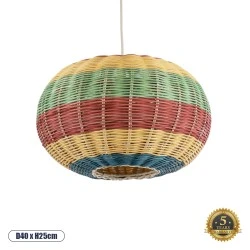 Boho Κρεμαστό Φωτιστικό CABALLEROS Μονόφωτο 1 x E27 AC220-240V IP20 - Φ40 x Υ25cm - Πράσινο με Κίτρινο και Μπλε με Κόκκινο Ξύλινο Μπαμπού Πλέγμα