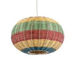 Boho Κρεμαστό Φωτιστικό CABALLEROS Μονόφωτο 1 x E27 AC220-240V IP20 - Φ40 x Υ25cm - Πράσινο με Κίτρινο και Μπλε με Κόκκινο Ξύλινο Μπαμπού Πλέγμα