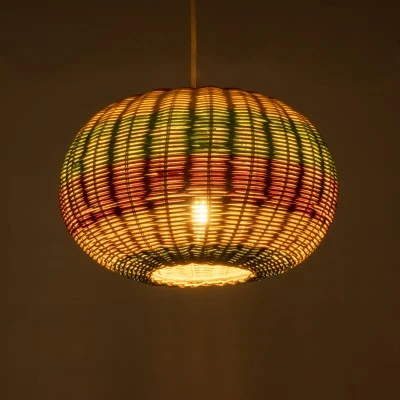GloboStar® CABALLEROS 02055 Boho Κρεμαστό Φωτιστικό Πλέγμα Μονόφωτο 1 x E27 IP20 Πολύχρωμο Ξύλο - Μ40 x Π40 x Υ25cm