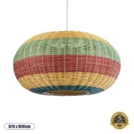Boho Κρεμαστό Φωτιστικό CABALLEROS Μονόφωτο 1 x E27 AC220-240V IP20 - Φ70 x Υ36cm - Πράσινο με Κίτρινο και Μπλε με Κόκκινο Ξύλινο Μπαμπού Πλέγμα