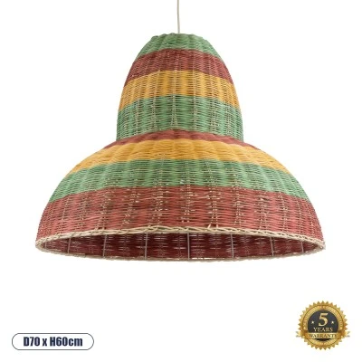 Boho Κρεμαστό Φωτιστικό CABALLEROS Μονόφωτο 1 x E27 AC220-240V IP20 - Φ70 x Υ60cm - Πράσινο με Κίτρινο και Μπεζ με Κόκκινο Ξύλινο Μπαμπού Πλέγμα Καμπάνα GloboStar® CABALLEROS 02058 Boho Κρεμαστό Φωτιστικό Καμπάνα Μονόφωτο 1 x E27 IP20 Πολύχρωμο Ξύλο - Μ70 x Π70 x Υ60cm