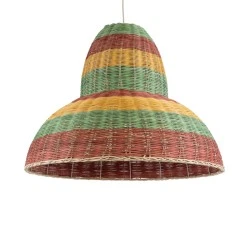 Boho Κρεμαστό Φωτιστικό CABALLEROS Μονόφωτο 1 x E27 AC220-240V IP20 - Φ70 x Υ60cm - Πράσινο με Κίτρινο και Μπεζ με Κόκκινο Ξύλινο Μπαμπού Πλέγμα Καμπάνα