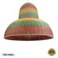 Boho Κρεμαστό Φωτιστικό CABALLEROS Μονόφωτο 1 x E27 AC220-240V IP20 - Φ100 x Υ80cm - Πράσινο με Κίτρινο και Μπεζ με Κόκκινο Ξύλινο Μπαμπού Πλέγμα Καμπάνα