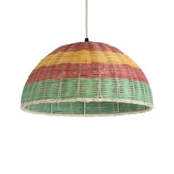 Boho Κρεμαστό Φωτιστικό CABALLEROS Μονόφωτο 1 x E27 AC220-240V IP20 - Φ40 x Υ20cm - Πράσινο με Κίτρινο και Κόκκινο Ξύλινο Μπαμπού Πλέγμα Καμπάνα