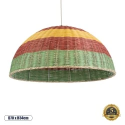 Φωτιστικό CABALLEROS Boho κρεμαστό μονόφωτο 1xE27 Φ70 x Υ34cm  πράσινο με κίτρινο & κόκκινο ξύλινο μπαμπού πλέγμα καμπάνα