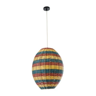 GloboStar® CABALLEROS 02065 Boho Κρεμαστό Φωτιστικό Πλέγμα Μονόφωτο 1 x E27 IP20 Πολύχρωμο Ξύλο - Μ40 x Π40 x Υ50cm