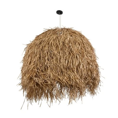 GloboStar® GUADELOUPE 02159 Boho Κρεμαστό Φωτιστικό Καμπάνα Μονόφωτο 1 x E27 IP20 Μπεζ Ράφια - Μ120 x Π120 x Υ100cm