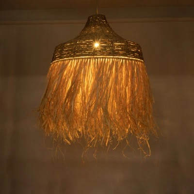 GloboStar® PORTOFERRAIO 02186 Boho Κρεμαστό Φωτιστικό Πλέγμα Μονόφωτο 1 x E27 IP20 Μπεζ Ράφια - Μ80 x Π80 x Υ120cm