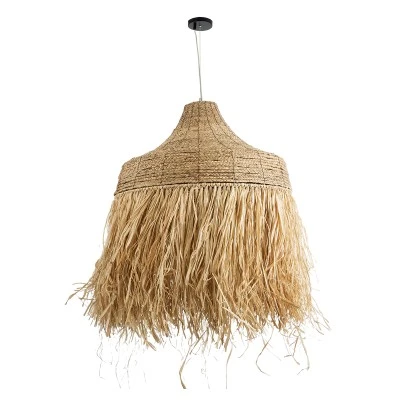 GloboStar® PORTOFERRAIO 02186 Boho Κρεμαστό Φωτιστικό Πλέγμα Μονόφωτο 1 x E27 IP20 Μπεζ Ράφια - Μ80 x Π80 x Υ120cm