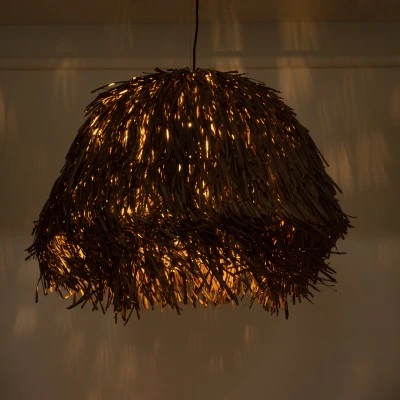 GloboStar® GUADELOUPE 02294 Boho Κρεμαστό Φωτιστικό Οροφής Μονόφωτο 1 x E27 AC220-240V IP20 - Φ70 x Υ45cm - Καφέ Φυσική Ράφια Νήμα Πλέγμα Καμπάνα - 5 Χρόνια Εγγύηση