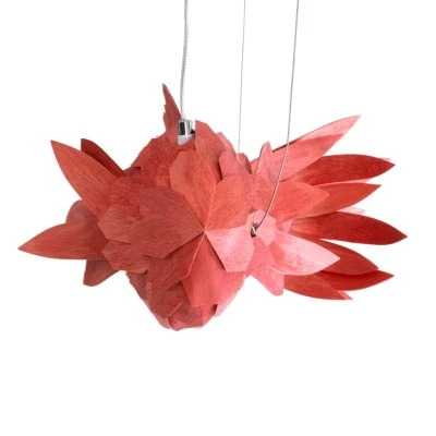 GloboStar® GOURAMI 02360 Boho Κρεμαστό Φωτιστικό Οροφής Μονόφωτο 1 x E27 AC220-240V IP20 - Μ70 x Π40 x Υ27cm - Κόκκινο Λεπτό Φύλλο Ξύλου Πλέγμα - 5 Χρόνια Εγγύηση