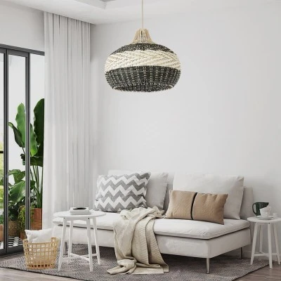 GloboStar® BARBADOS 01946 Boho Κρεμαστό Φωτιστικό Καμπάνα Μονόφωτο 1 x E27 IP20 Μπεζ & Χακί Ξύλο - Μ40 x Π40 x Υ34cm