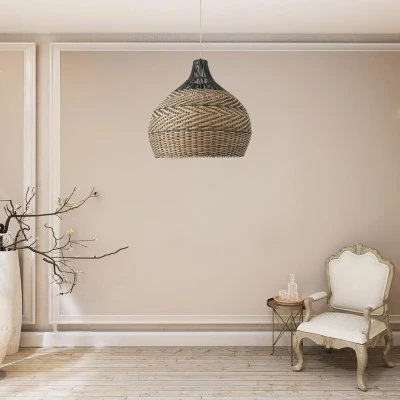 GloboStar® SEYCHELLES 01949 Boho Κρεμαστό Φωτιστικό Καμπάνα Μονόφωτο 1 x E27 IP20 Μπεζ, Καφέ & Χακί Ξύλο - Μ60 x Π60 x Υ60cm