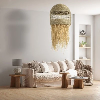 Boho Κρεμαστό Φωτιστικό SAINTLUCIA Μονόφωτο 1 x E27 AC220-240V IP20 - Φ66 x Υ120cm - Χακί Σχοινί με Μπεζ Φυσική Ράφια Νήμα Πλεγμα Καμπάνα GloboStar® SAINTLUCIA 02161 Boho Κρεμαστό Φωτιστικό Πλεγμα Μονόφωτο 1 x E27 IP20 Μπεζ Ράφια - Μ66 x Π66 x Υ120cm