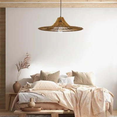 Boho Κρεμαστό Φωτιστικό PALERMO Μονόφωτο 1 x E27 AC220-240V IP20 - Φ60 x Υ18cm - Μπεζ Καφέ Ξύλινο Μπαμπού Πλέγμα GloboStar® PALERMO 02310 Boho Κρεμαστό Φωτιστικό Πλέγμα Μονόφωτο 1 x E27 IP20 Καφέ Ξύλο - Μ60 x Π60 x Υ18cm