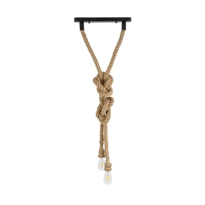 GloboStar® ROPE 01019 Vintage Industrial Κρεμαστό Φωτιστικό Οροφής Δίφωτο 2 x E27 AC220-240V IP20 - Μ38 x Π35.5 x Υ200cm - Μπεζ με 2 Μέτρα Σχοινί Τριχιά - 5 Χρόνια Εγγυηση