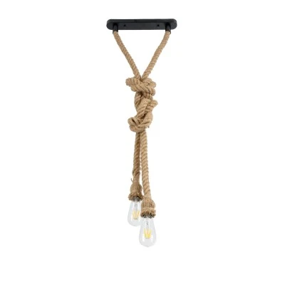 GloboStar® ROPE 01019 Vintage Industrial Κρεμαστό Φωτιστικό Οροφής Δίφωτο 2 x E27 AC220-240V IP20 - Μ38 x Π35.5 x Υ200cm - Μπεζ με 2 Μέτρα Σχοινί Τριχιά - 5 Χρόνια Εγγυηση