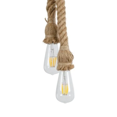 GloboStar® ROPE 01019 Vintage Industrial Κρεμαστό Φωτιστικό Οροφής Δίφωτο 2 x E27 AC220-240V IP20 - Μ38 x Π35.5 x Υ200cm - Μπεζ με 2 Μέτρα Σχοινί Τριχιά - 5 Χρόνια Εγγυηση