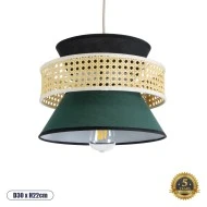Boho Κρεμαστό Φωτιστικό SAIGE Μονόφωτο 1 x E27 AC220-240V IP20 - Φ30 x Υ22cm - Μπεζ Μπαμπού Πλέγμα με Πράσινο και Μαύρο Υφασμάτινο Καπέλο