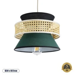 Boho Κρεμαστό Φωτιστικό SAIGE Μονόφωτο 1 x E27 AC220-240V IP20 - Φ30 x Υ22cm - Μπεζ Μπαμπού Πλέγμα με Πράσινο και Μαύρο Υφασμάτινο Καπέλο