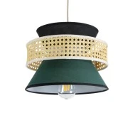 Boho Κρεμαστό Φωτιστικό SAIGE Μονόφωτο 1 x E27 AC220-240V IP20 - Φ30 x Υ22cm - Μπεζ Μπαμπού Πλέγμα με Πράσινο και Μαύρο Υφασμάτινο Καπέλο