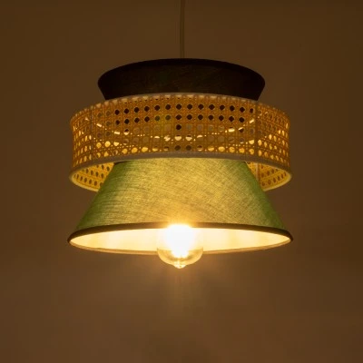 GloboStar® SAIGE 01915 Boho Κρεμαστό Φωτιστικό Πλέγμα Μονόφωτο 1 x E27 IP20 Μπεζ Ξύλο με Μαύρο & Πράσινο Ύφασμα - Μ30 x Π30 x Υ22cm
