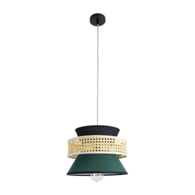 GloboStar® SAIGE 01915 Boho Κρεμαστό Φωτιστικό Πλέγμα Μονόφωτο 1 x E27 IP20 Μπεζ Ξύλο με Μαύρο & Πράσινο Ύφασμα - Μ30 x Π30 x Υ22cm