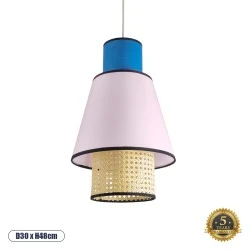Φωτιστικό SAIGE Boho κρεμαστό φωτιστικό 1xE27 IP20 Φ30xΥ48cm μπεζ μπαμπού πλέγμα με ροζ & μπλε υφασμάτινο καπέλο