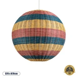 Boho Κρεμαστό Φωτιστικό CABALLEROS Μονόφωτο 1 x E27 AC220-240V IP20 - Φ70 x Υ70cm - Μπλε με Κίτρινο και Κόκκινο Μπαμπού Πλέγμα Μπάλα