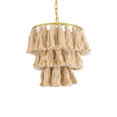 GloboStar® MISSOULA 02084 Boho Κρεμαστό Φωτιστικό Σχοινί Μονόφωτο 1 x E27 IP20 Μπεζ Ύφασμα με Χρυσό Μέταλλο - Μ30 x Π30 x Υ40cm