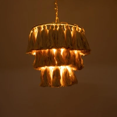 GloboStar® MISSOULA 02084 Boho Κρεμαστό Φωτιστικό Σχοινί Μονόφωτο 1 x E27 IP20 Μπεζ Ύφασμα με Χρυσό Μέταλλο - Μ30 x Π30 x Υ40cm